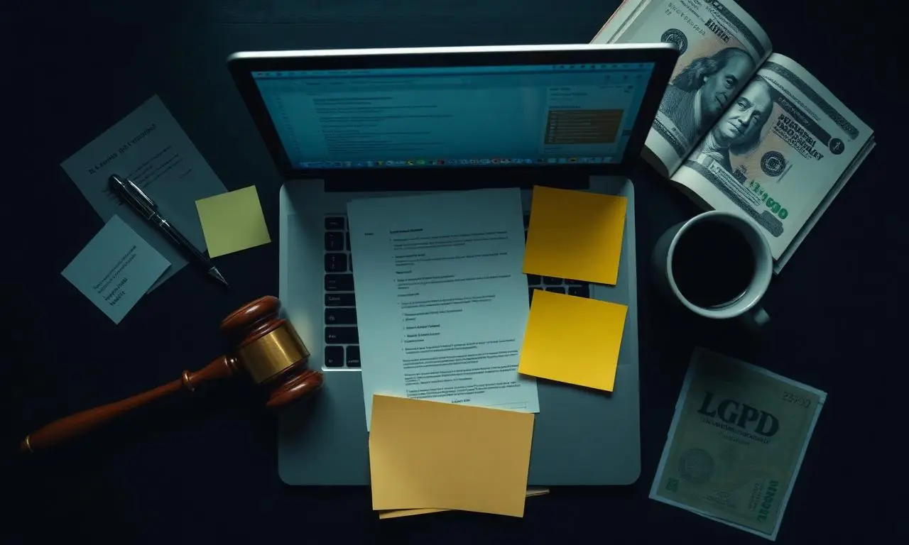 Vista superior top down com laptop exibindo software de notas e tarefas, post-its amarelos, papéis de contrato, martelo de juiz, livro da LGPD, notas de Real brasileiro, xícara de café, iluminação editorial escura cinematográfica