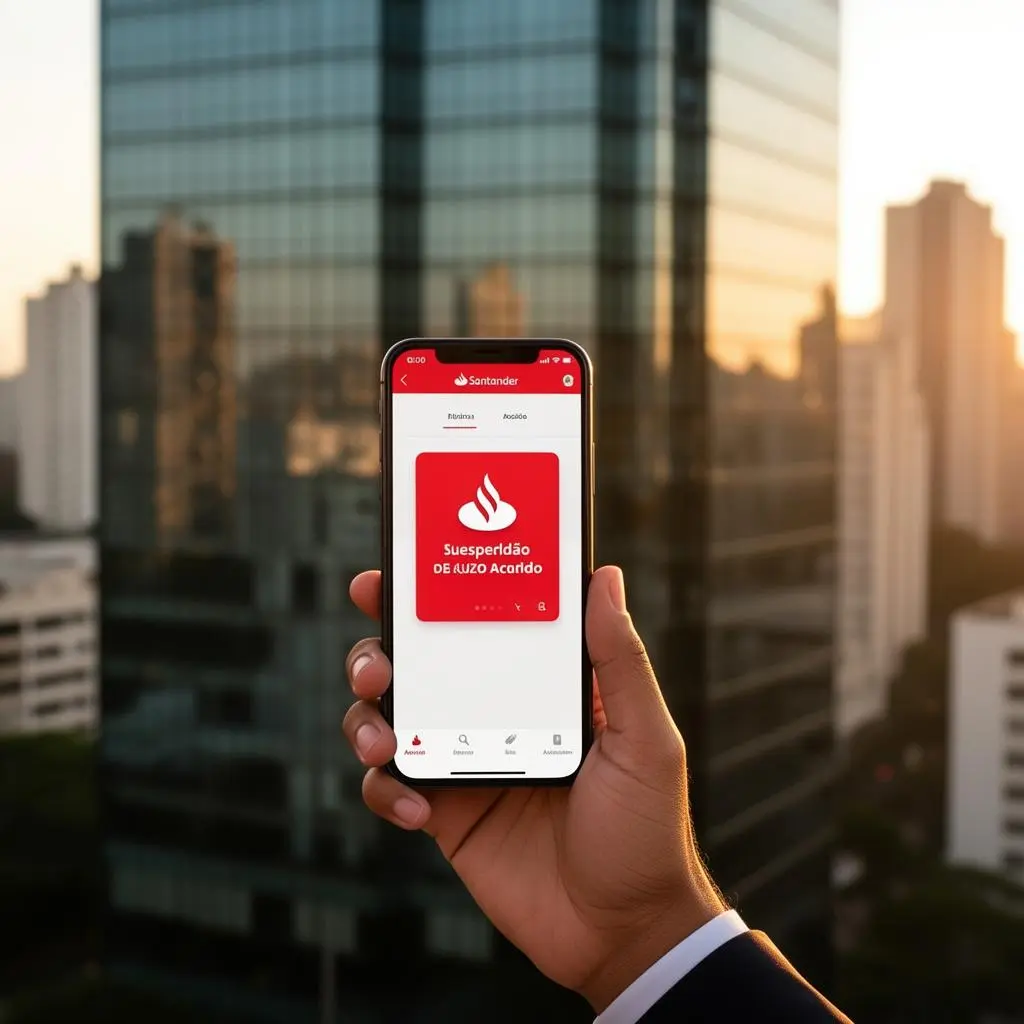 Smartphone com tela de conta Santander suspensa ao lado de documentos jurídicos e balança da justiça
