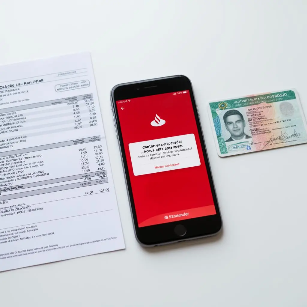 Smartphone com app Santander mostrando mensagem de conta suspensa ao lado de RG e comprovante de residência em mesa de escritório