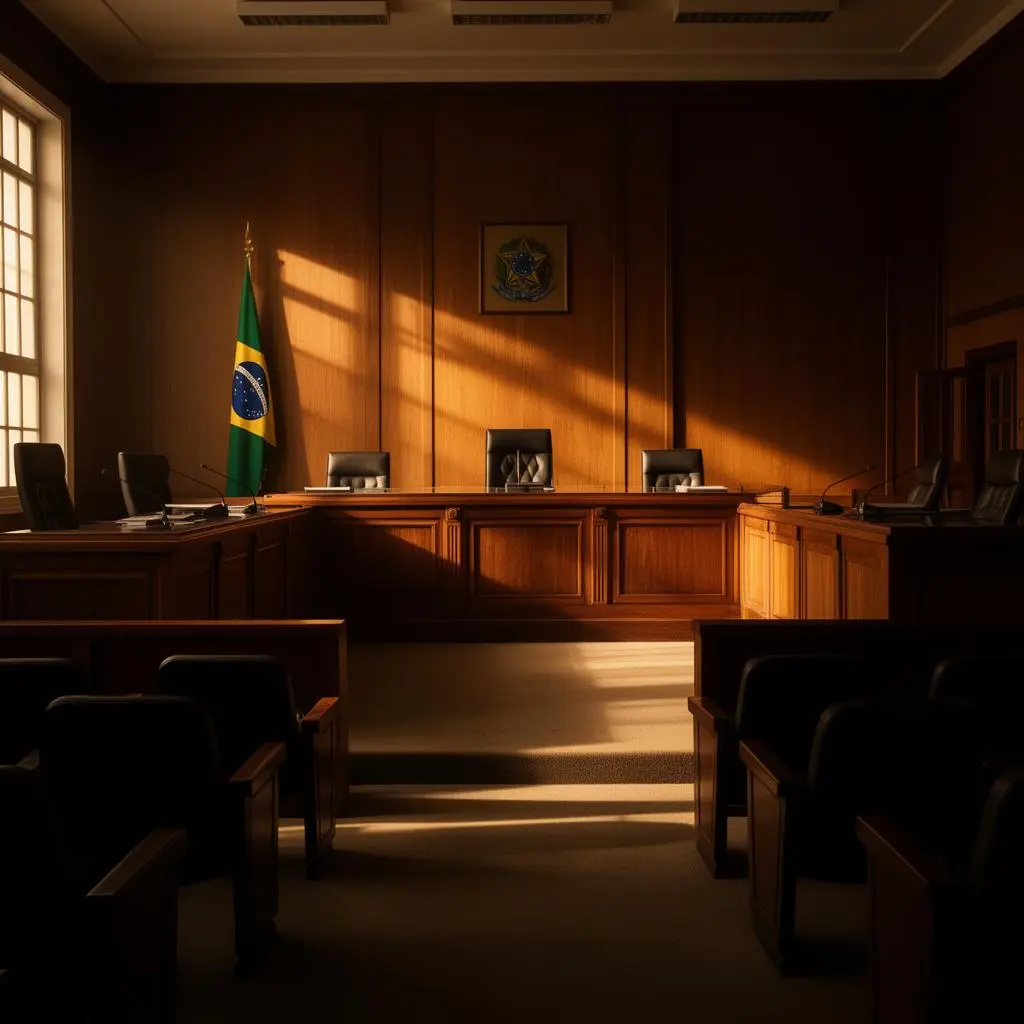 Interior de tribunal brasileiro com bancos de madeira, bandeira nacional e luz natural entrando por janelas altas