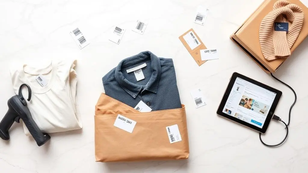 Materiais de envio de e-commerce de moda dispostos em flat lay sobre mármore branco