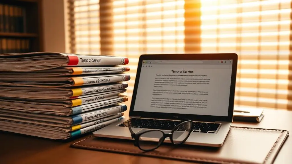 Escritório de advocacia com pastas jurídicas organizadas, laptop aberto e óculos de leitura sobre mesa de couro