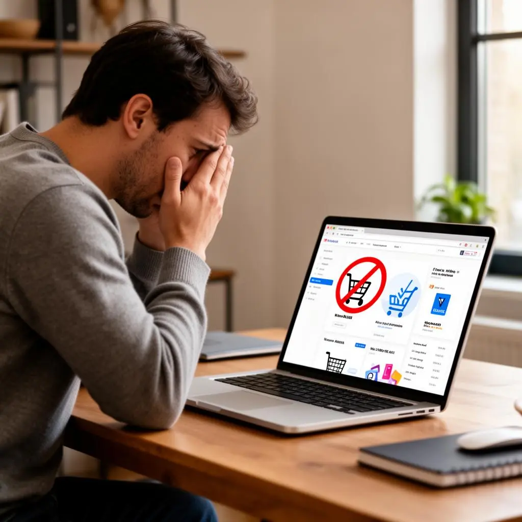 Empreendedor de e-commerce preocupado analisando painel de vendedor bloqueado em notebook em escritório doméstico