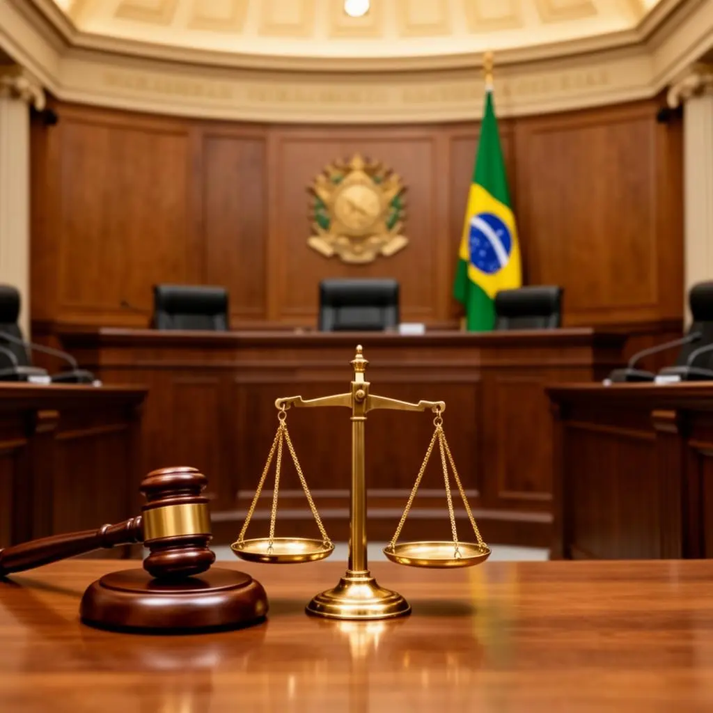 Interior de fórum brasileiro com balança da justiça e bandeira nacional ao fundo