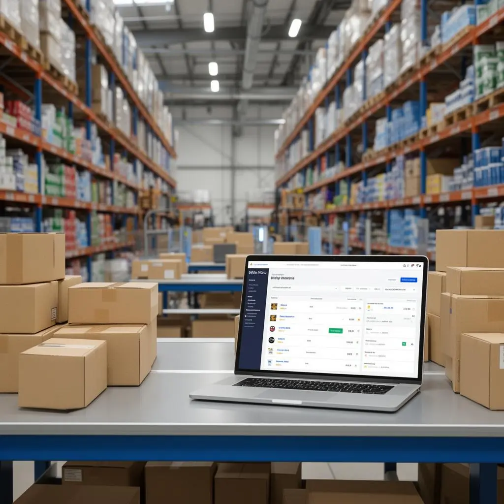 Armazém moderno de e-commerce com prateleiras de produtos, caixas de envio e notebook em estação de embalagem