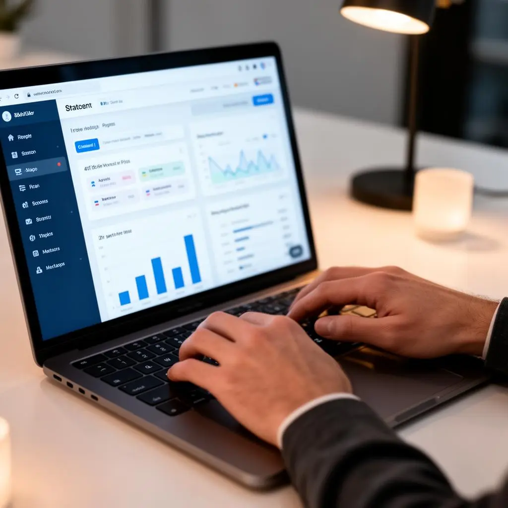 Mãos digitando em teclado de notebook com tela mostrando construtor de sites e dashboard de analytics