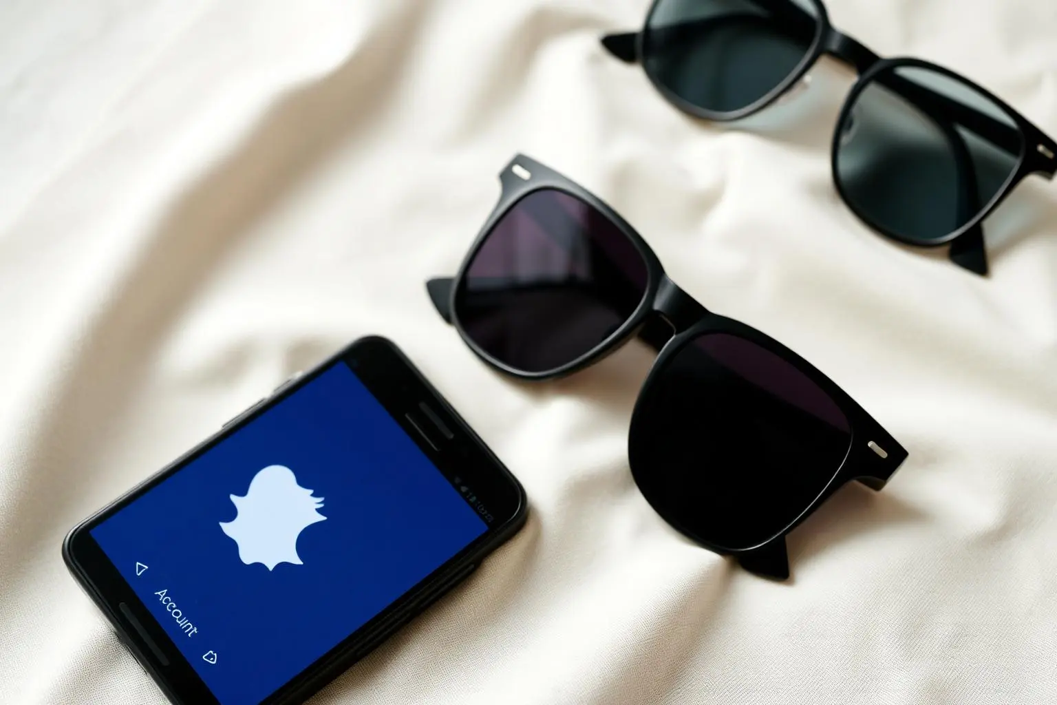 Smartphone exibindo app Snapchat com tela amarela de aviso de conta bloqueada sobre tecido claro com óculos de sol, fotografia lifestyle editorial