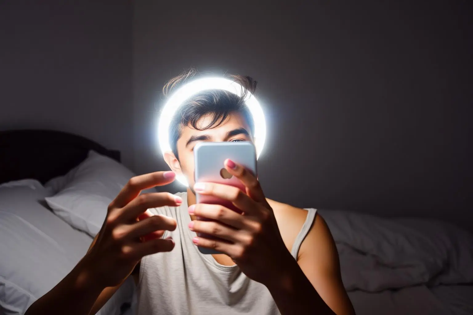 Jovem criador de conteúdo brasileiro olhando para celular com expressão de decepção em quarto com ring light, fotografia editorial cândida