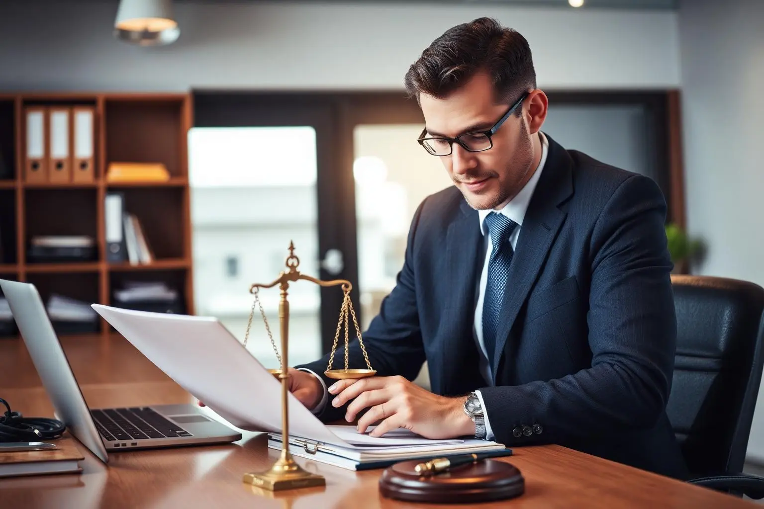 Advogado brasileiro em escritório moderno revisando documentos de caso de direitos digitais com balança da justiça e martelo, iluminação profissional quente
