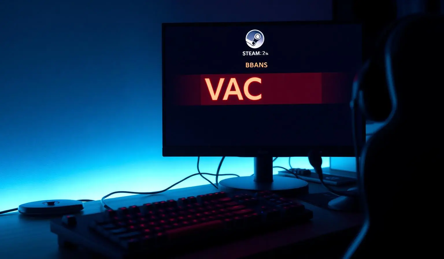 Monitor exibindo notificação de VAC ban da Steam com teclado mecânico iluminado em vermelho