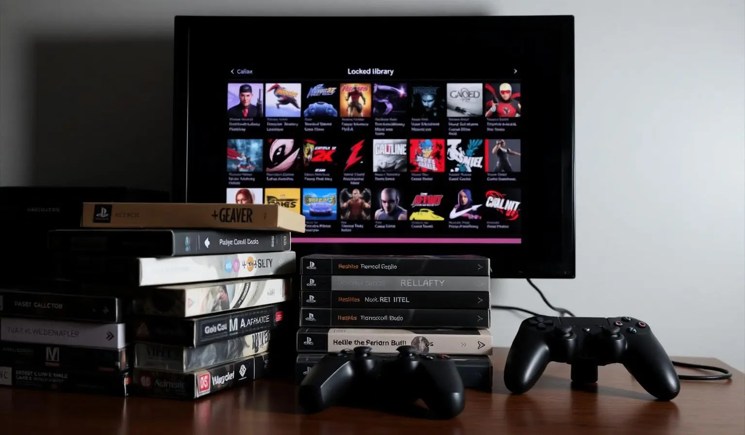 Coleção de jogos físicos e controles diante de monitor com biblioteca bloqueada