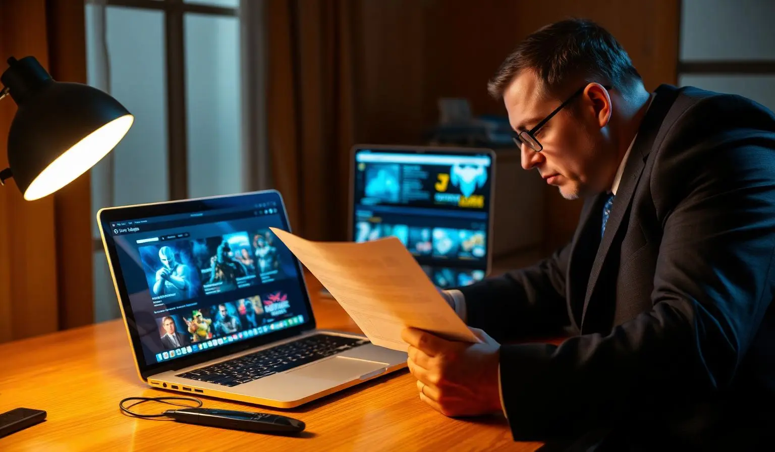 Advogado revisando documentos de direito do consumidor diante de laptop com plataforma de jogos