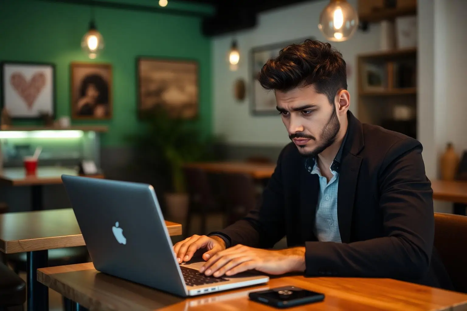 Empreendedor brasileiro revisando extrato Stone no laptop em ambiente de café, expressão preocupada, fotografia documental