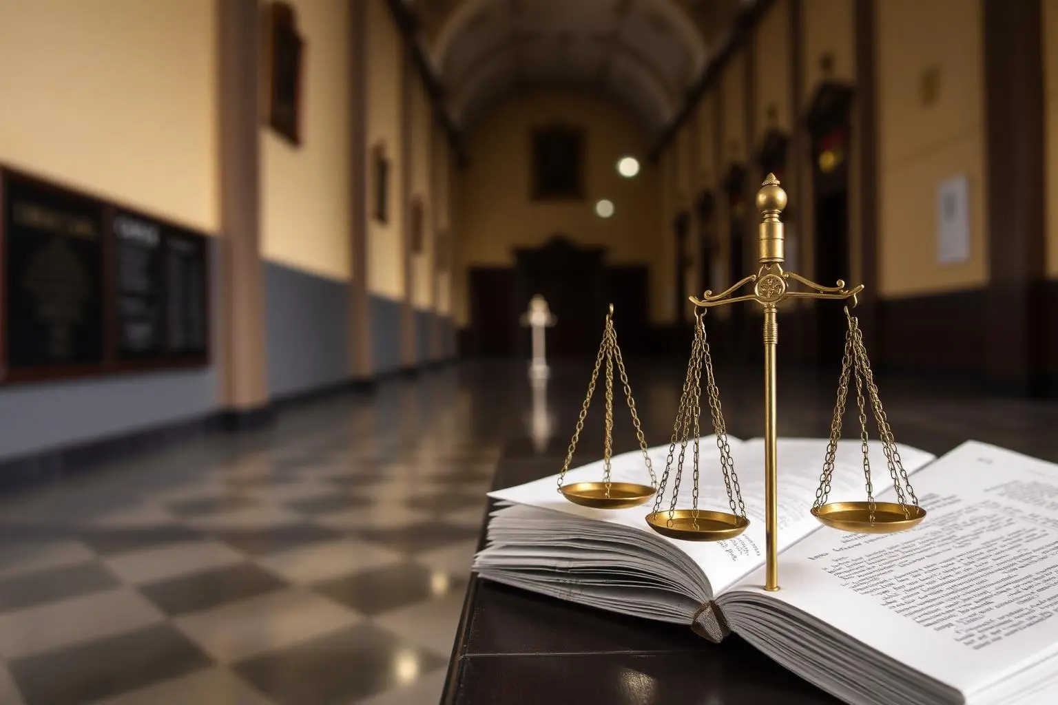 Corredor de tribunal brasileiro com balança da justiça sobre livro aberto, atmosfera digna e iluminação dourada