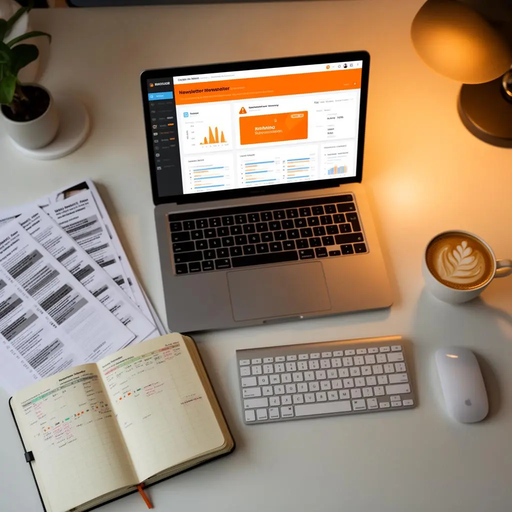 Flat lay editorial: premium writer desk com MacBook showing newsletter analytics dashboard com orange suspension warning, open Moleskine notebook com editorial calendar, stacks de subscriber printouts, coffee cup com latte art, wireless keyboard, warm desk lamp glow