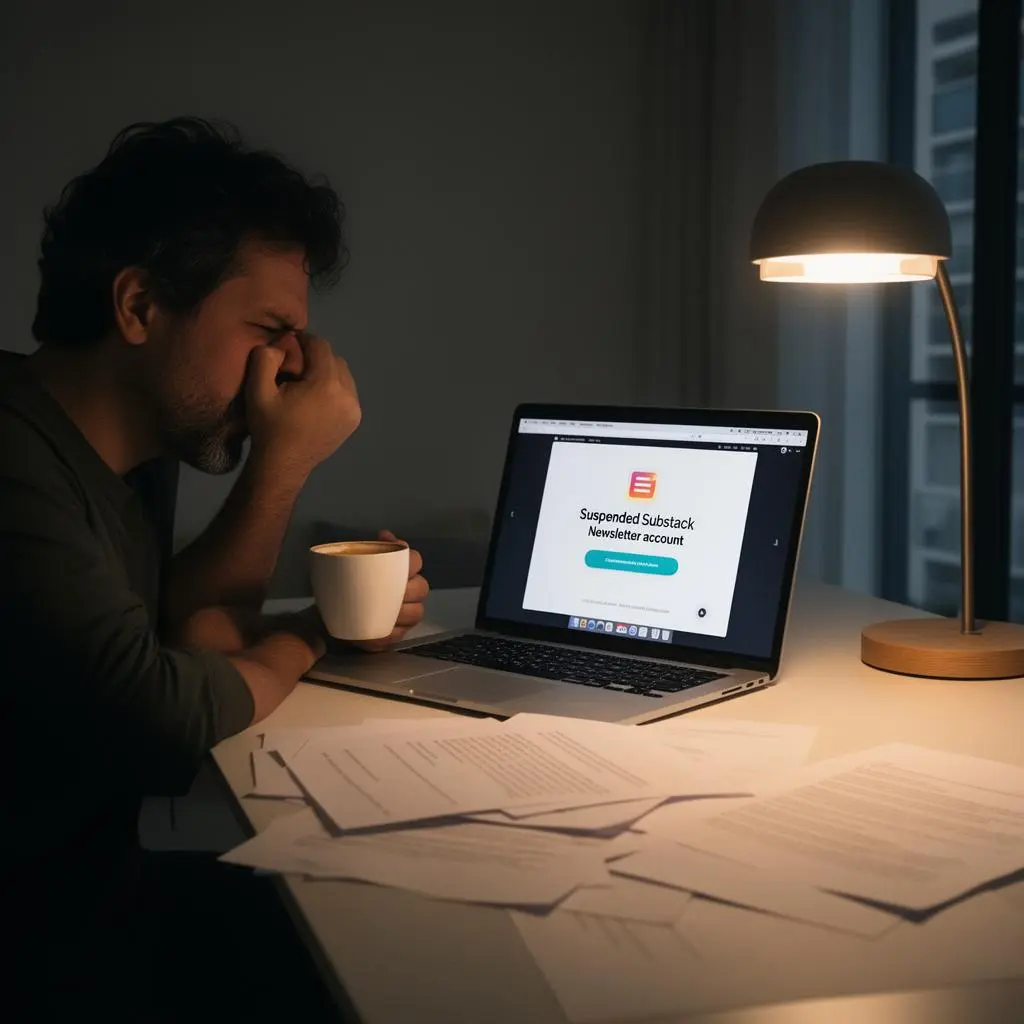 Editorial photography: Brazilian writer at minimalist home office desk, frustrated expression looking at laptop screen showing suspended Substack newsletter account, cup of coffee, scattered manuscript pages, warm ambient lamp light, modern apartment interior, documentary candid style