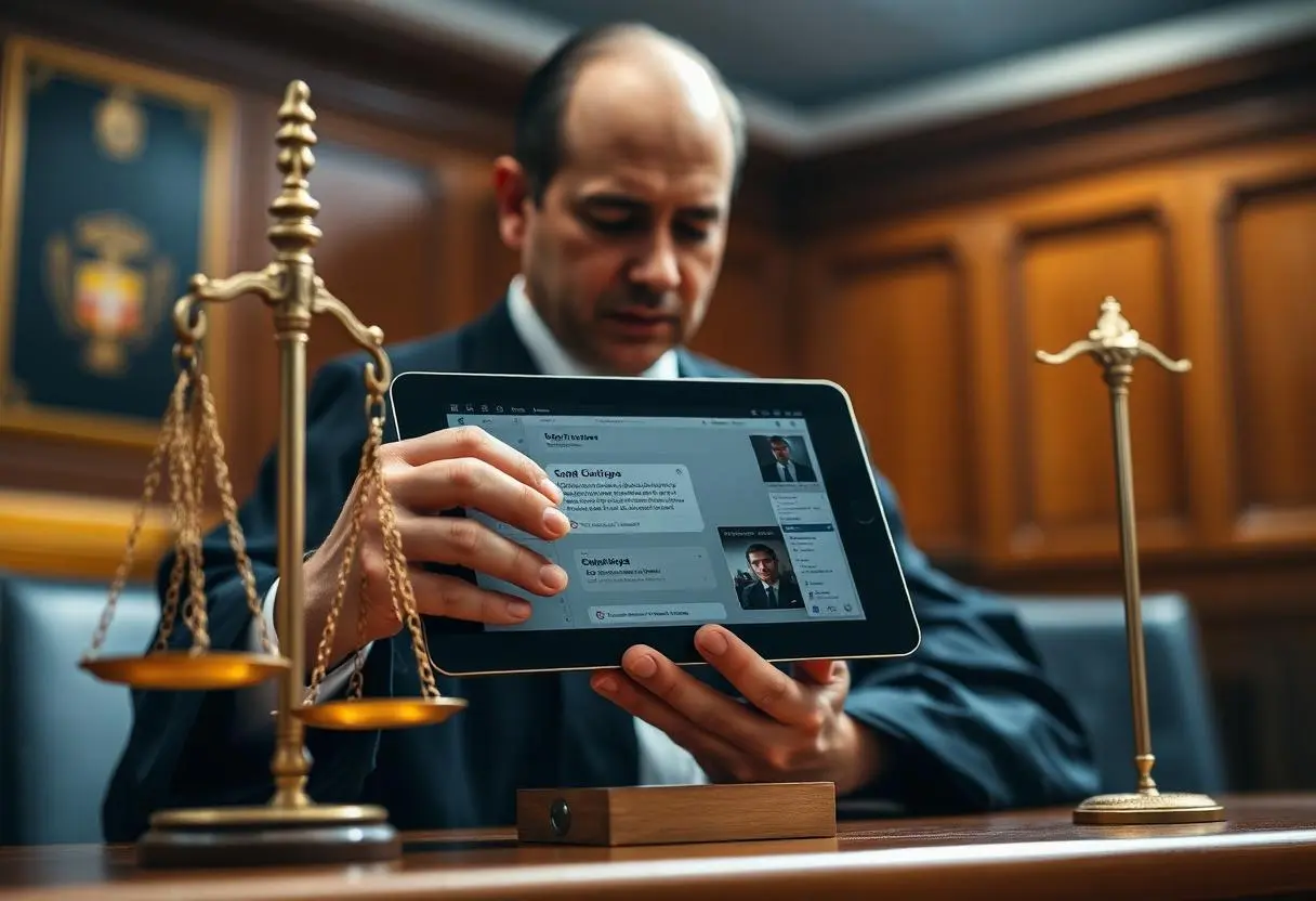 Juiz analisando decisão sobre privacidade e criptografia em mensageiros digitais em ambiente de tribunal brasileiro