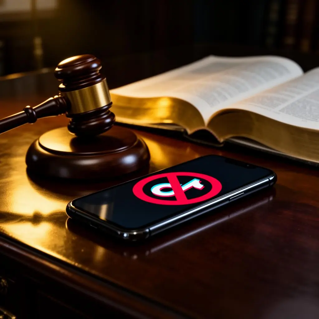 Martelo de juiz ao lado de smartphone com símbolo de proibição sobre o logo do TikTok em mesa de mogno escuro