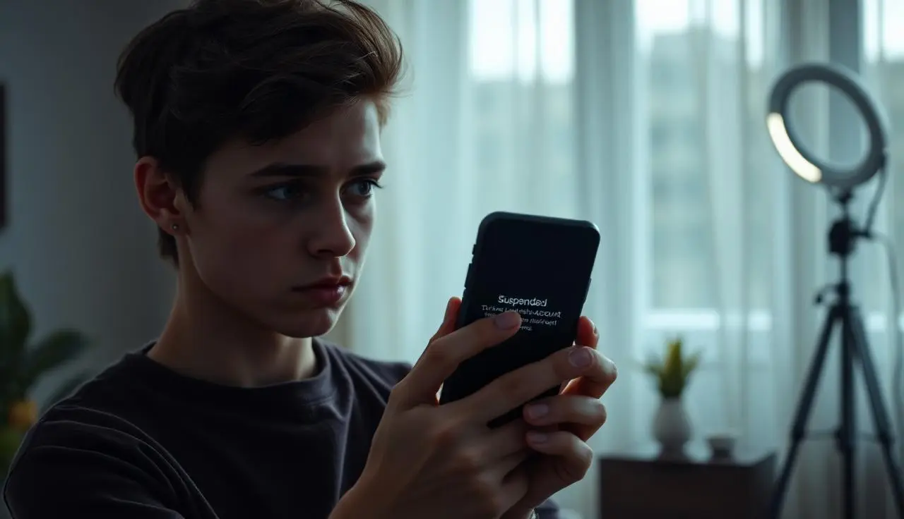 Criador de conteúdo jovem observando preocupado um smartphone com mensagem de conta TikTok suspensa