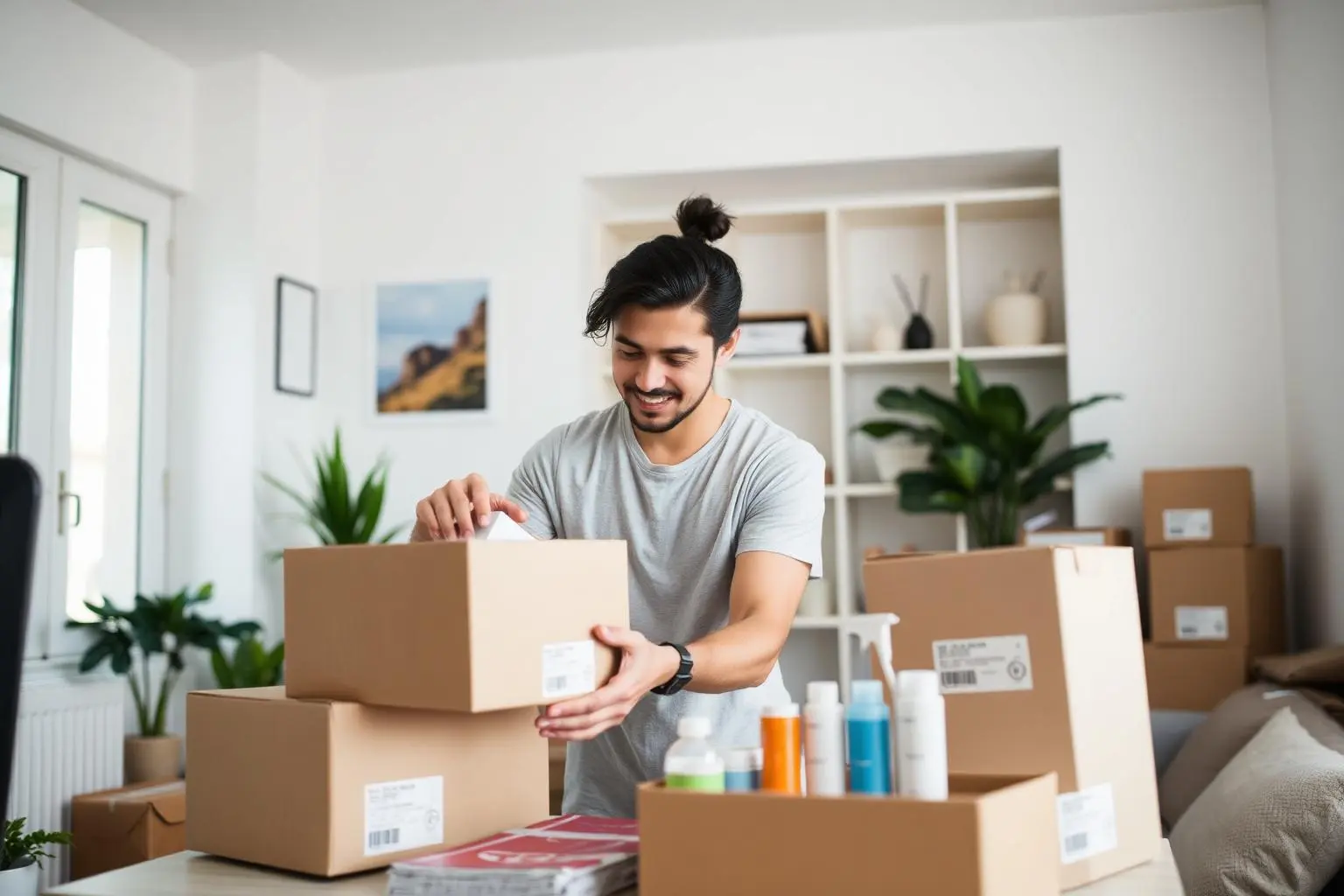 Jovem empreendedor brasileiro embalando produtos para envio em estúdio caseiro com luz natural suave, caixas e etiquetas de envio visíveis