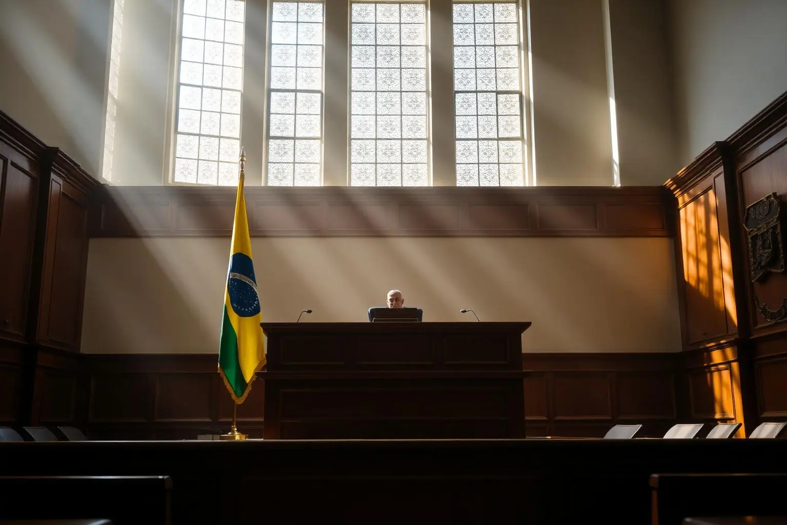 Interior de tribunal brasileiro com bandeira do Brasil, mesa do juiz, luz natural dramática através de janelas altas, atmosfera digna