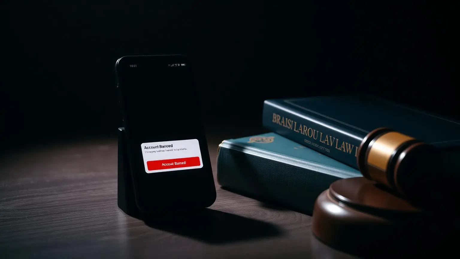 Smartphone exibindo tela de banimento no app Tinder, segurado por mão em ambiente de café moderno com iluminação quente