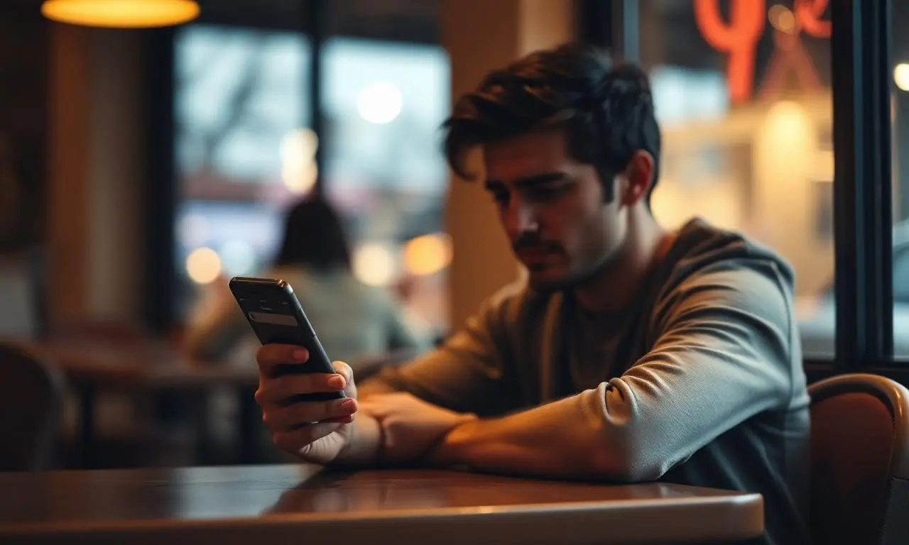 Smartphone mostrando perfil de app de relacionamento em mesa de advogado com documentos jurídicos e livros de direito