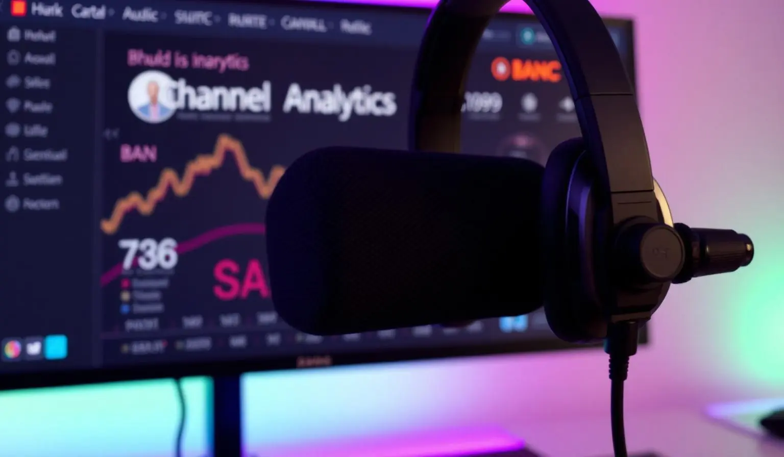 Microfone profissional em frente a monitor com analytics do canal