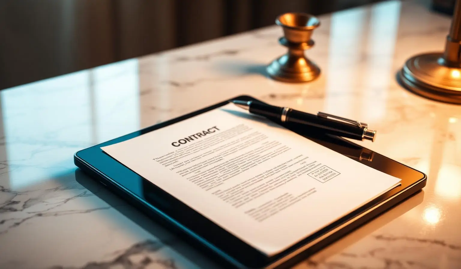 Documentos contratuais e tablet sobre mesa de mármore