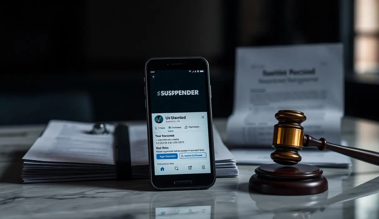Smartphone com tela de conta Twitter/X suspensa ao lado de documentos jurídicos e martelo de juiz