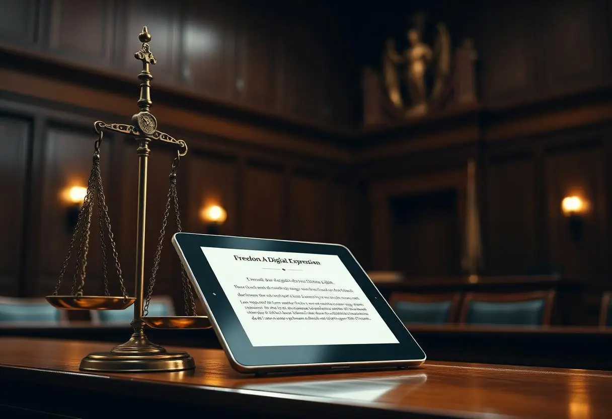 Tribunal brasileiro com balança da justiça e tablet exibindo decisão sobre liberdade de expressão digital