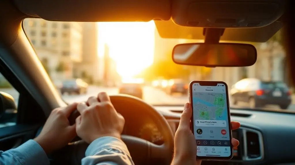 Motorista de aplicativo com as mãos no volante e smartphone mostrando app de transporte em funcionamento