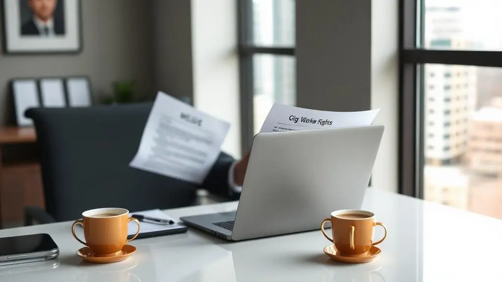 Advogado em escritório moderno revisando documentos sobre direitos de trabalhadores de plataforma digital