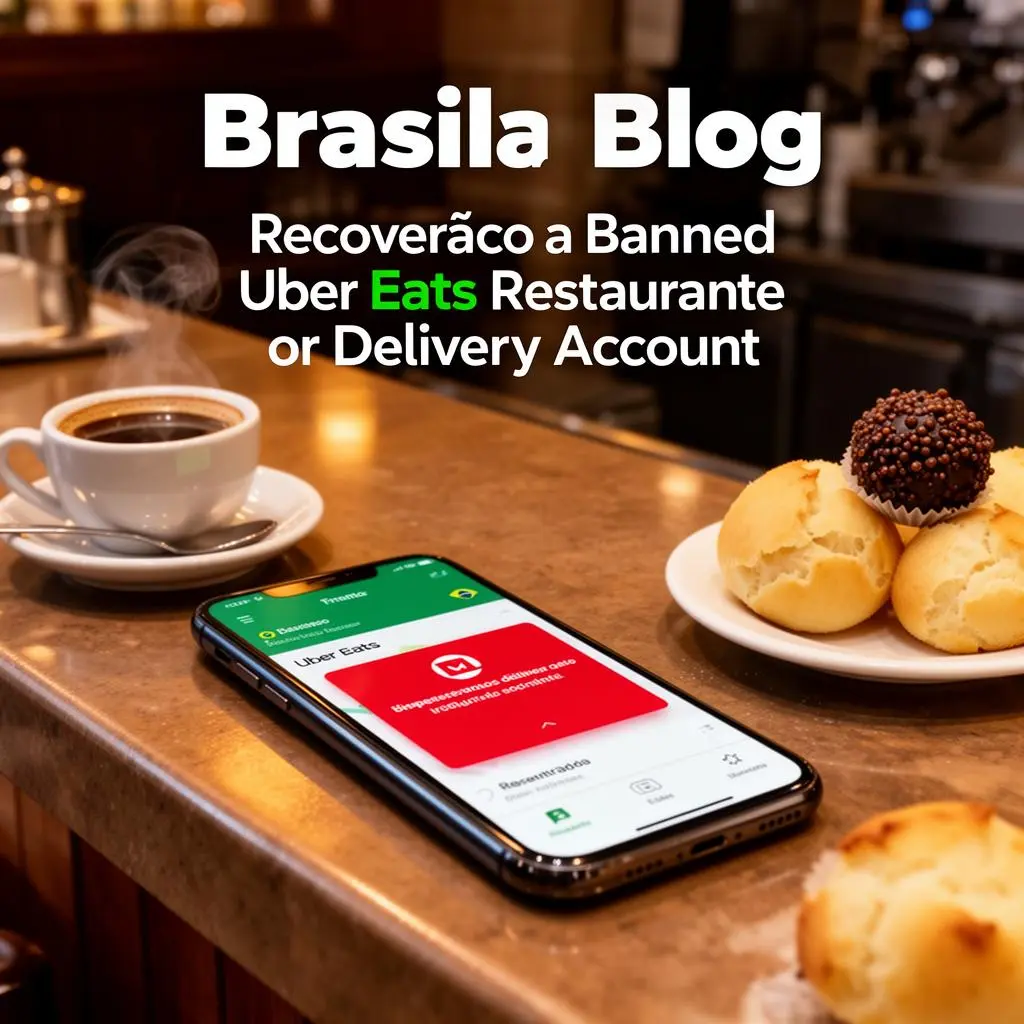 Smartphone com app Uber Eats mostrando conta suspensa ao lado de balcão de restaurante brasileiro com comida