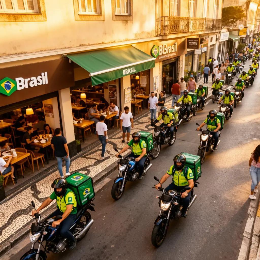 Vista aérea de entregadores de moto em cruzamento movimentado de cidade brasileira ao entardecer