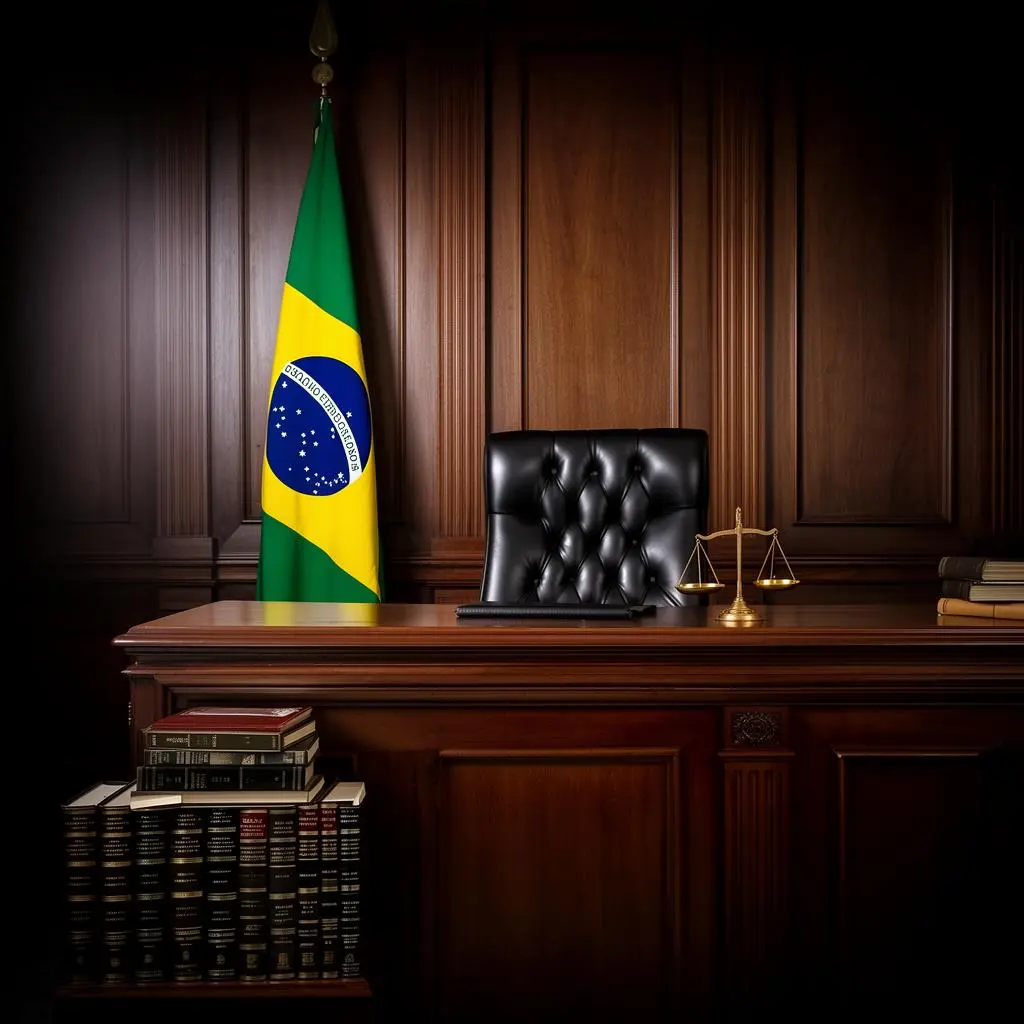Interior de tribunal brasileiro com banco do juiz, bandeira do Brasil e livros de direito
