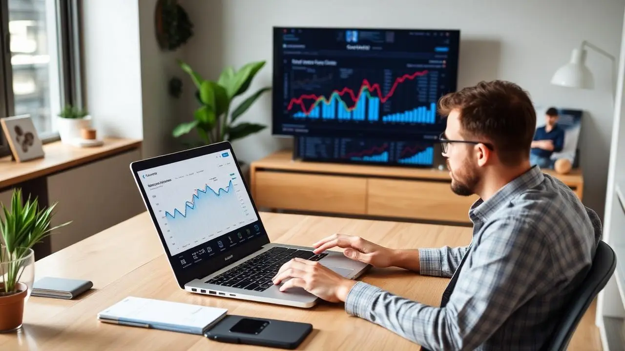 Empreendedor analisando dados de vendas de cursos online em notebook em escritório residencial moderno