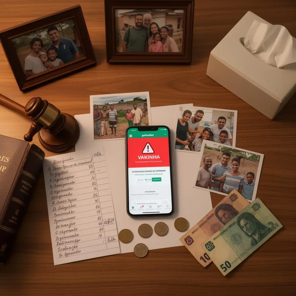 Overhead flat lay editorial: crowdfunding campaign workspace com smartphone showing GoFundMe ou Vakinha page com aviso vermelho de campanha suspensa, printed photos of medical treatment or community project, handwritten donation list, scattered Brazilian Reais notes and coins, small wooden gavel, law book, tissue box, family photos in frames, warm soft lighting, emotional documentary atmosphere