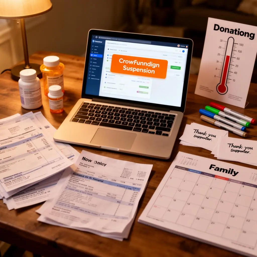 Flat lay editorial: community fundraising desk com laptop showing crowdfunding dashboard com orange campaign suspension banner, printed medical documents and hospital bills, prescription bottles, donation thermometer poster, colored markers, thank-you cards from supporters, family calendar, warm home lighting