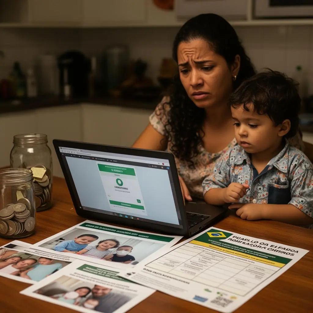Editorial photography: Brazilian mother at kitchen table com laptop showing suspended crowdfunding campaign, concerned expression, young child beside her, printed medical photos and treatment schedule on table, donation jars, community fundraising flyers, warm domestic lighting, documentary photo-journalism style