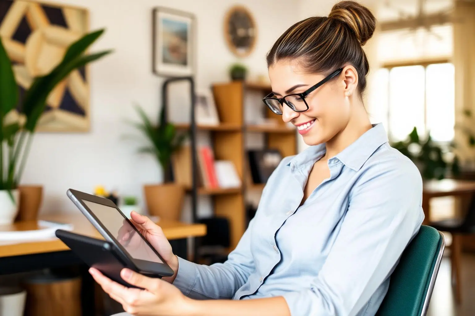 Empresária brasileira analisando mensagens de clientes em tablet em escritório aconchegante com luz natural suave