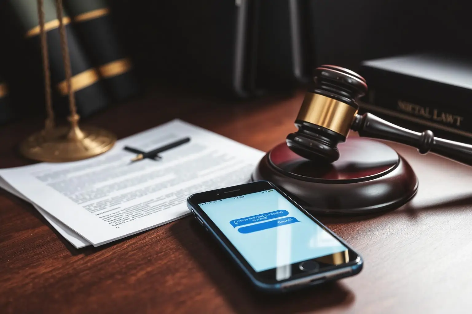 Mesa de advogado com martelo de juiz, documentos jurídicos, balança da justiça e smartphone exibindo aplicativo de mensagens