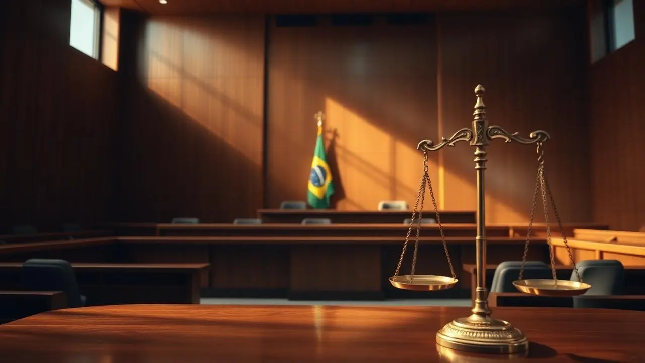 Sala de tribunal brasileiro com balança da justiça e bandeira do Brasil ao fundo