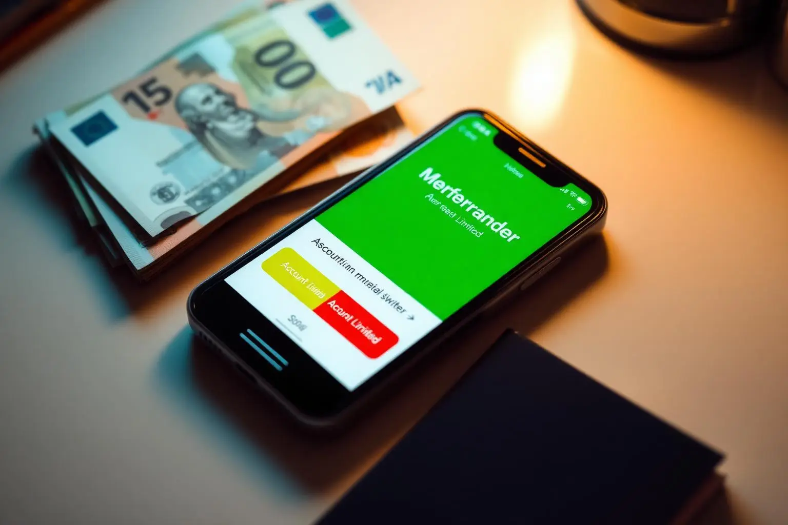 Smartphone exibindo aplicativo verde de transferência internacional com aviso 'Account Limited' sobre mesa com notas de euro e dólar e passaporte, iluminação cinematográfica premium