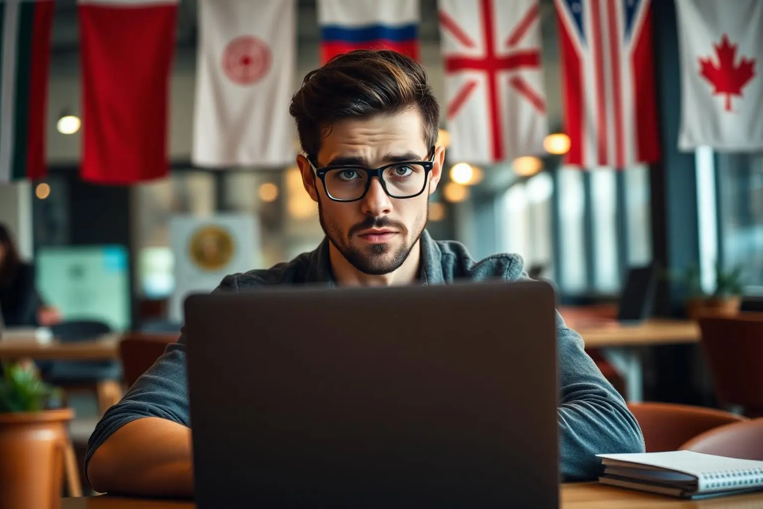 Nômade digital freelancer em coworking olhando preocupado para notebook, bandeiras internacionais sutis ao fundo, iluminação quente cinematográfica