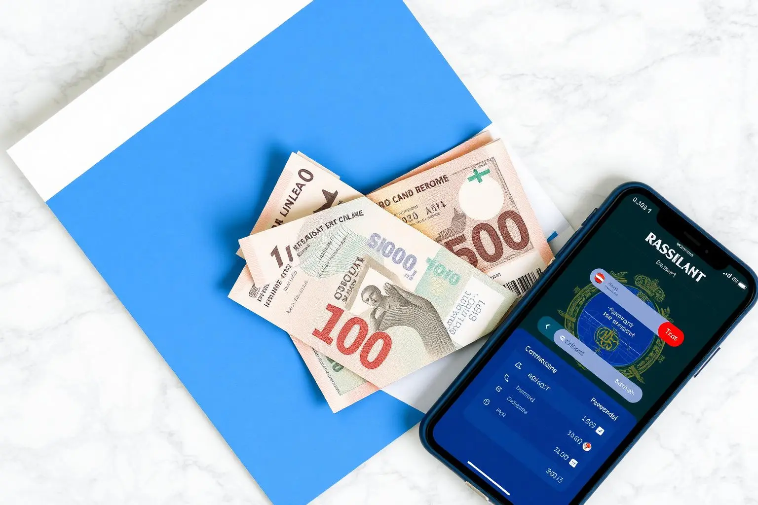 Vista superior plana de documentos bancários internacionais, passaporte brasileiro, notas estrangeiras e smartphone exibindo app de câmbio sobre mesa de mármore