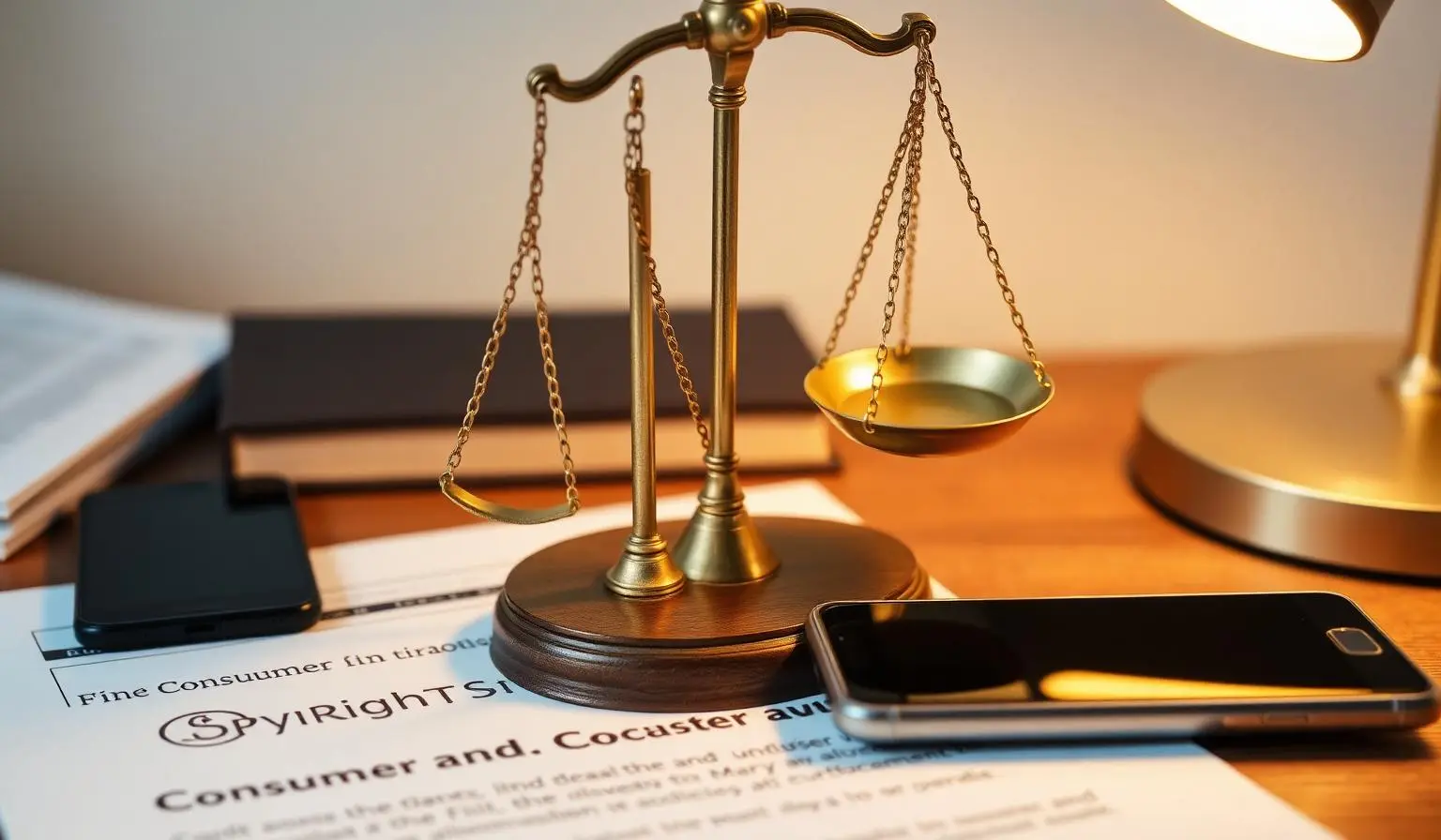 Balança da justiça sobre documentos de direito autoral e consumidor